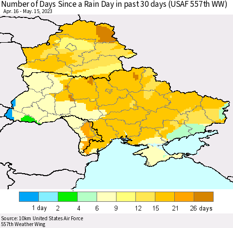 Ukraine, Moldova and Belarus Number of Days Since a Rain Day in past 30 days (USAF 557th WW) Thematic Map For 5/11/2023 - 5/15/2023