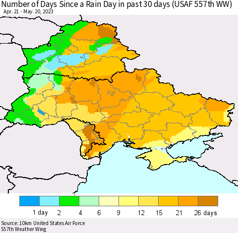 Ukraine, Moldova and Belarus Number of Days Since a Rain Day in past 30 days (USAF 557th WW) Thematic Map For 5/16/2023 - 5/20/2023