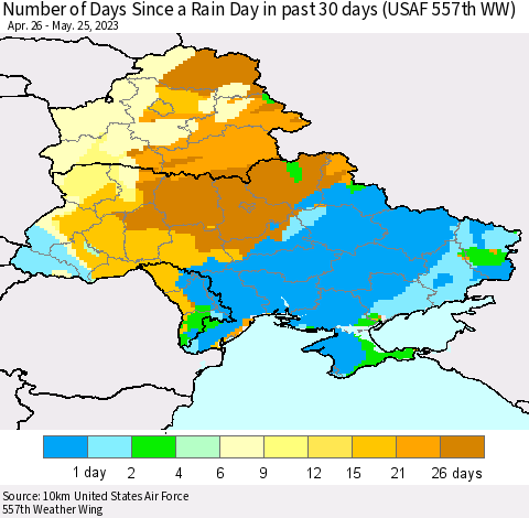 Ukraine, Moldova and Belarus Number of Days Since a Rain Day in past 30 days (USAF 557th WW) Thematic Map For 5/21/2023 - 5/25/2023