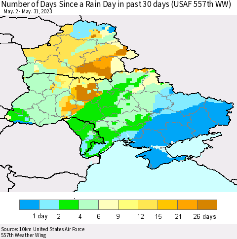 Ukraine, Moldova and Belarus Number of Days Since a Rain Day in past 30 days (USAF 557th WW) Thematic Map For 5/26/2023 - 5/31/2023