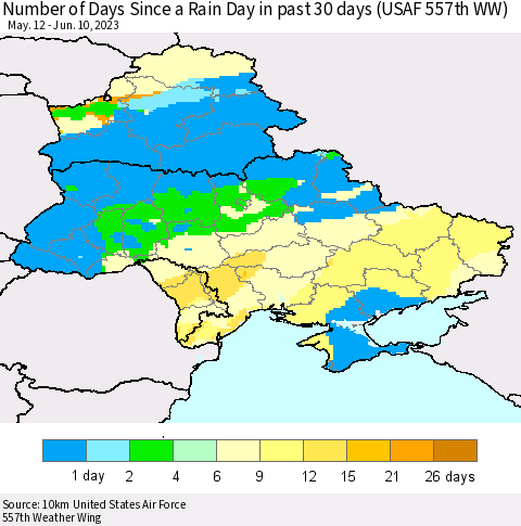 Ukraine, Moldova and Belarus Number of Days Since a Rain Day in past 30 days (USAF 557th WW) Thematic Map For 6/6/2023 - 6/10/2023