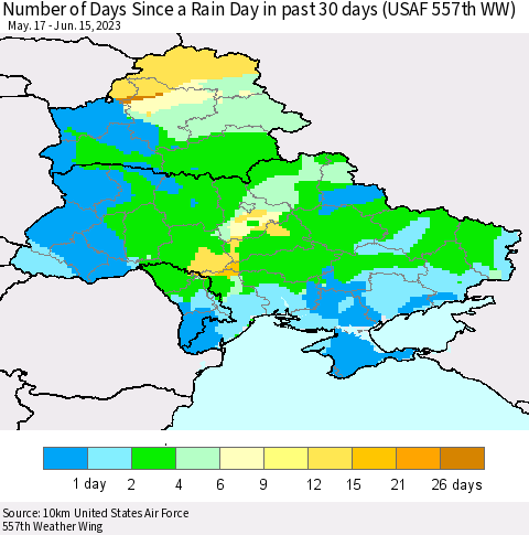 Ukraine, Moldova and Belarus Number of Days Since a Rain Day in past 30 days (USAF 557th WW) Thematic Map For 6/11/2023 - 6/15/2023
