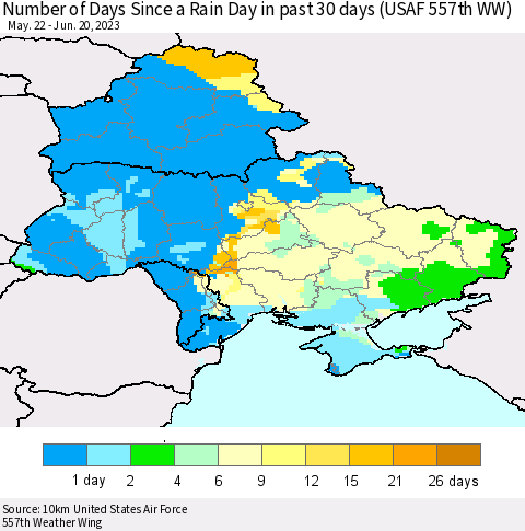 Ukraine, Moldova and Belarus Number of Days Since a Rain Day in past 30 days (USAF 557th WW) Thematic Map For 6/16/2023 - 6/20/2023