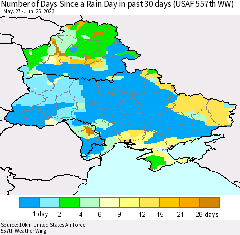 Ukraine, Moldova and Belarus Number of Days Since a Rain Day in past 30 days (USAF 557th WW) Thematic Map For 6/21/2023 - 6/25/2023