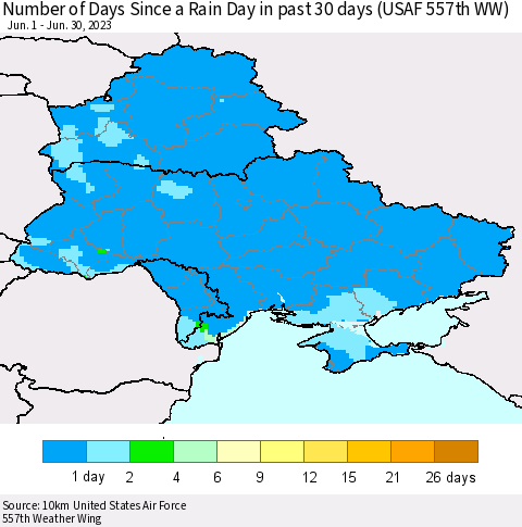 Ukraine, Moldova and Belarus Number of Days Since a Rain Day in past 30 days (USAF 557th WW) Thematic Map For 6/26/2023 - 6/30/2023