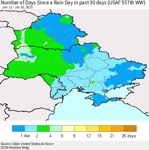 Ukraine, Moldova and Belarus Number of Days Since a Rain Day in past 30 days (USAF 557th WW) Thematic Map For 7/6/2023 - 7/10/2023