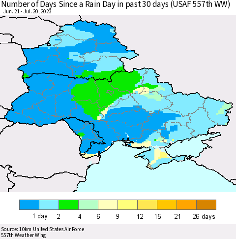 Ukraine, Moldova and Belarus Number of Days Since a Rain Day in past 30 days (USAF 557th WW) Thematic Map For 7/16/2023 - 7/20/2023
