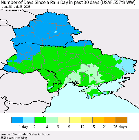 Ukraine, Moldova and Belarus Number of Days Since a Rain Day in past 30 days (USAF 557th WW) Thematic Map For 7/21/2023 - 7/25/2023
