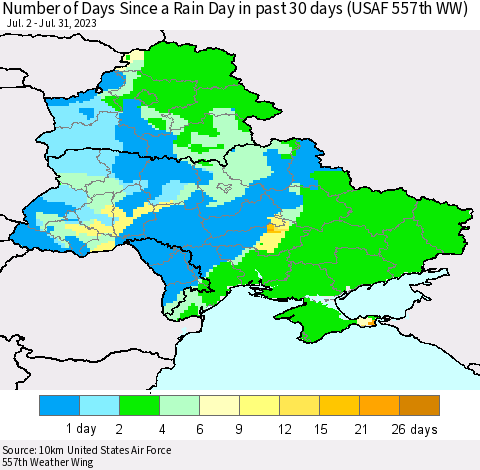 Ukraine, Moldova and Belarus Number of Days Since a Rain Day in past 30 days (USAF 557th WW) Thematic Map For 7/26/2023 - 7/31/2023