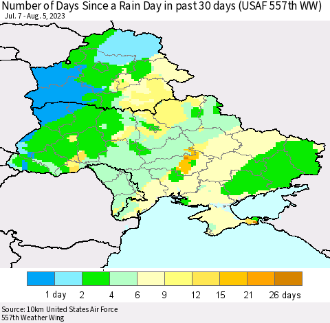 Ukraine, Moldova and Belarus Number of Days Since a Rain Day in past 30 days (USAF 557th WW) Thematic Map For 8/1/2023 - 8/5/2023