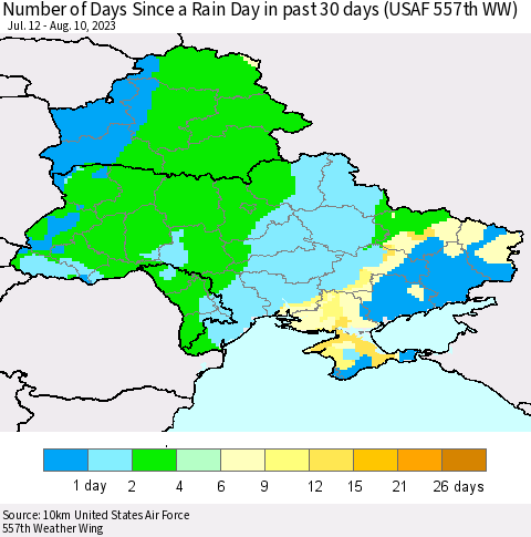 Ukraine, Moldova and Belarus Number of Days Since a Rain Day in past 30 days (USAF 557th WW) Thematic Map For 8/6/2023 - 8/10/2023