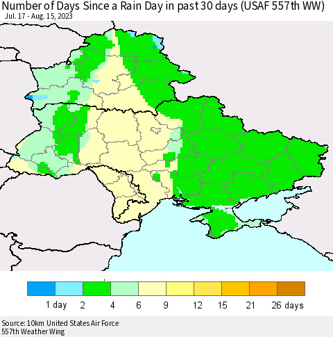 Ukraine, Moldova and Belarus Number of Days Since a Rain Day in past 30 days (USAF 557th WW) Thematic Map For 8/11/2023 - 8/15/2023