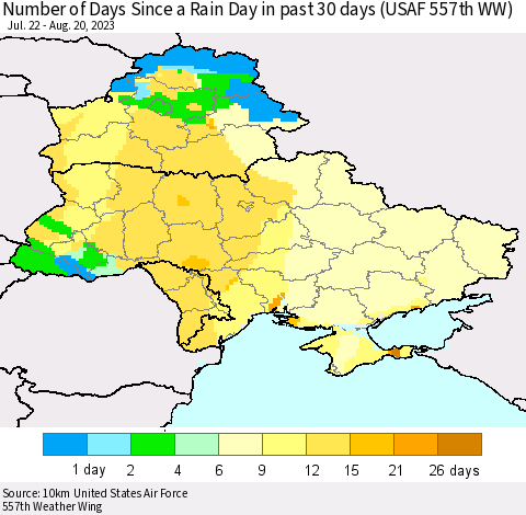 Ukraine, Moldova and Belarus Number of Days Since a Rain Day in past 30 days (USAF 557th WW) Thematic Map For 8/16/2023 - 8/20/2023