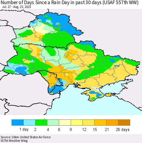 Ukraine, Moldova and Belarus Number of Days Since a Rain Day in past 30 days (USAF 557th WW) Thematic Map For 8/21/2023 - 8/25/2023