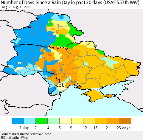 Ukraine, Moldova and Belarus Number of Days Since a Rain Day in past 30 days (USAF 557th WW) Thematic Map For 8/26/2023 - 8/31/2023