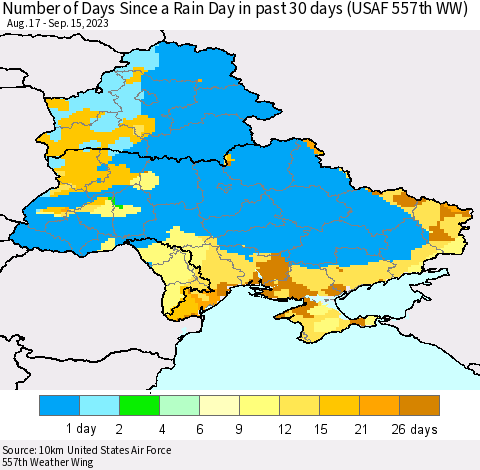Ukraine, Moldova and Belarus Number of Days Since a Rain Day in past 30 days (USAF 557th WW) Thematic Map For 9/11/2023 - 9/15/2023