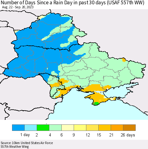 Ukraine, Moldova and Belarus Number of Days Since a Rain Day in past 30 days (USAF 557th WW) Thematic Map For 9/16/2023 - 9/20/2023