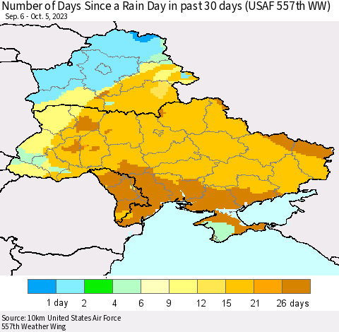 Ukraine, Moldova and Belarus Number of Days Since a Rain Day in past 30 days (USAF 557th WW) Thematic Map For 10/1/2023 - 10/5/2023