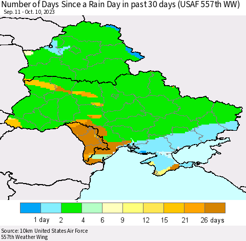 Ukraine, Moldova and Belarus Number of Days Since a Rain Day in past 30 days (USAF 557th WW) Thematic Map For 10/6/2023 - 10/10/2023