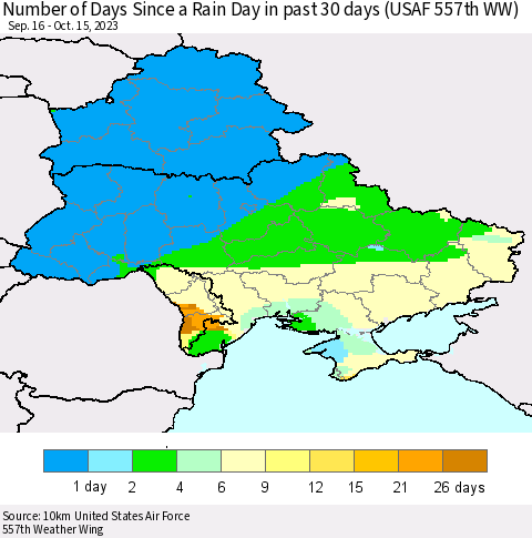 Ukraine, Moldova and Belarus Number of Days Since a Rain Day in past 30 days (USAF 557th WW) Thematic Map For 10/11/2023 - 10/15/2023