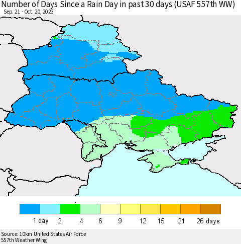 Ukraine, Moldova and Belarus Number of Days Since a Rain Day in past 30 days (USAF 557th WW) Thematic Map For 10/16/2023 - 10/20/2023
