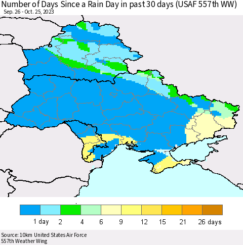 Ukraine, Moldova and Belarus Number of Days Since a Rain Day in past 30 days (USAF 557th WW) Thematic Map For 10/21/2023 - 10/25/2023