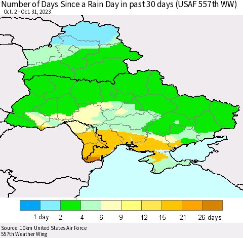Ukraine, Moldova and Belarus Number of Days Since a Rain Day in past 30 days (USAF 557th WW) Thematic Map For 10/26/2023 - 10/31/2023