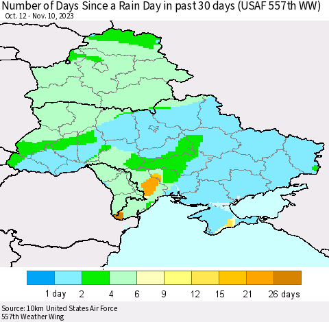 Ukraine, Moldova and Belarus Number of Days Since a Rain Day in past 30 days (USAF 557th WW) Thematic Map For 11/6/2023 - 11/10/2023