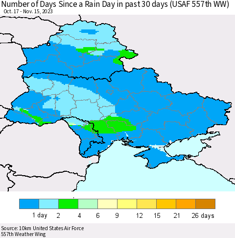 Ukraine, Moldova and Belarus Number of Days Since a Rain Day in past 30 days (USAF 557th WW) Thematic Map For 11/11/2023 - 11/15/2023