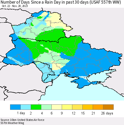 Ukraine, Moldova and Belarus Number of Days Since a Rain Day in past 30 days (USAF 557th WW) Thematic Map For 11/16/2023 - 11/20/2023