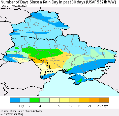 Ukraine, Moldova and Belarus Number of Days Since a Rain Day in past 30 days (USAF 557th WW) Thematic Map For 11/21/2023 - 11/25/2023