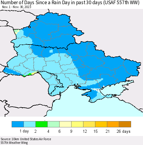 Ukraine, Moldova and Belarus Number of Days Since a Rain Day in past 30 days (USAF 557th WW) Thematic Map For 11/26/2023 - 11/30/2023