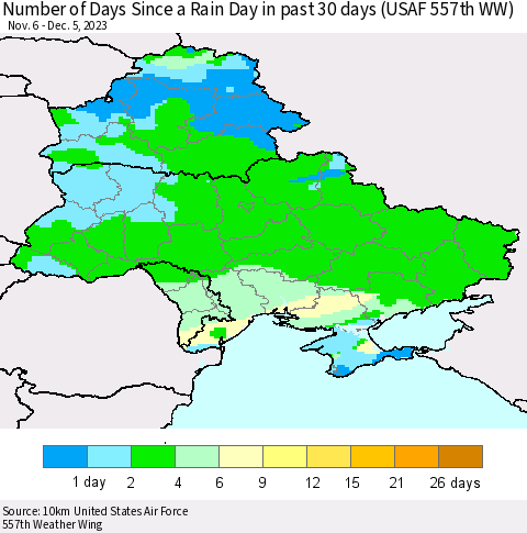 Ukraine, Moldova and Belarus Number of Days Since a Rain Day in past 30 days (USAF 557th WW) Thematic Map For 12/1/2023 - 12/5/2023