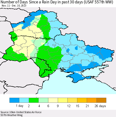 Ukraine, Moldova and Belarus Number of Days Since a Rain Day in past 30 days (USAF 557th WW) Thematic Map For 12/6/2023 - 12/10/2023
