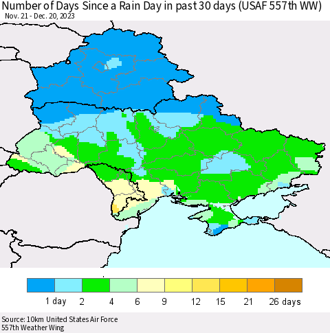 Ukraine, Moldova and Belarus Number of Days Since a Rain Day in past 30 days (USAF 557th WW) Thematic Map For 12/16/2023 - 12/20/2023