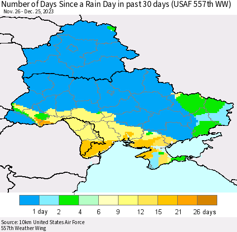 Ukraine, Moldova and Belarus Number of Days Since a Rain Day in past 30 days (USAF 557th WW) Thematic Map For 12/21/2023 - 12/25/2023
