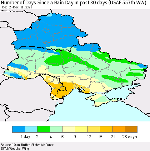 Ukraine, Moldova and Belarus Number of Days Since a Rain Day in past 30 days (USAF 557th WW) Thematic Map For 12/26/2023 - 12/31/2023