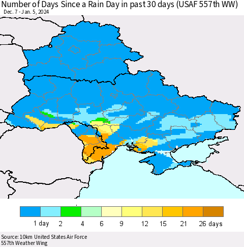 Ukraine, Moldova and Belarus Number of Days Since a Rain Day in past 30 days (USAF 557th WW) Thematic Map For 1/1/2024 - 1/5/2024