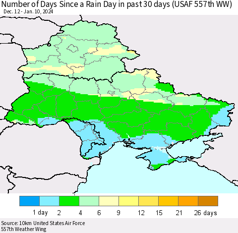 Ukraine, Moldova and Belarus Number of Days Since a Rain Day in past 30 days (USAF 557th WW) Thematic Map For 1/6/2024 - 1/10/2024
