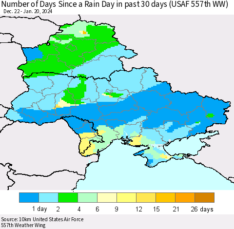 Ukraine, Moldova and Belarus Number of Days Since a Rain Day in past 30 days (USAF 557th WW) Thematic Map For 1/16/2024 - 1/20/2024