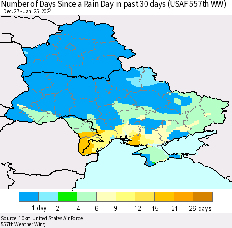 Ukraine, Moldova and Belarus Number of Days Since a Rain Day in past 30 days (USAF 557th WW) Thematic Map For 1/21/2024 - 1/25/2024