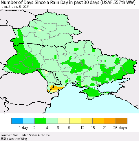Ukraine, Moldova and Belarus Number of Days Since a Rain Day in past 30 days (USAF 557th WW) Thematic Map For 1/26/2024 - 1/31/2024