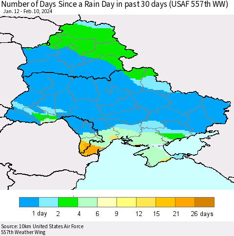 Ukraine, Moldova and Belarus Number of Days Since a Rain Day in past 30 days (USAF 557th WW) Thematic Map For 2/6/2024 - 2/10/2024