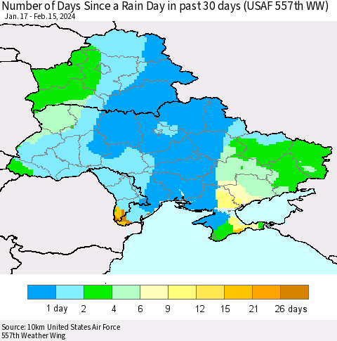 Ukraine, Moldova and Belarus Number of Days Since a Rain Day in past 30 days (USAF 557th WW) Thematic Map For 2/11/2024 - 2/15/2024