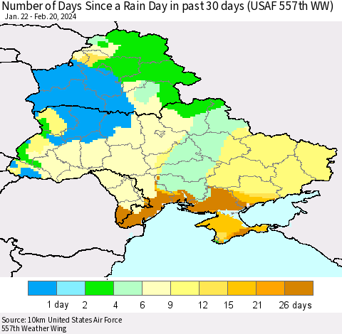 Ukraine, Moldova and Belarus Number of Days Since a Rain Day in past 30 days (USAF 557th WW) Thematic Map For 2/16/2024 - 2/20/2024