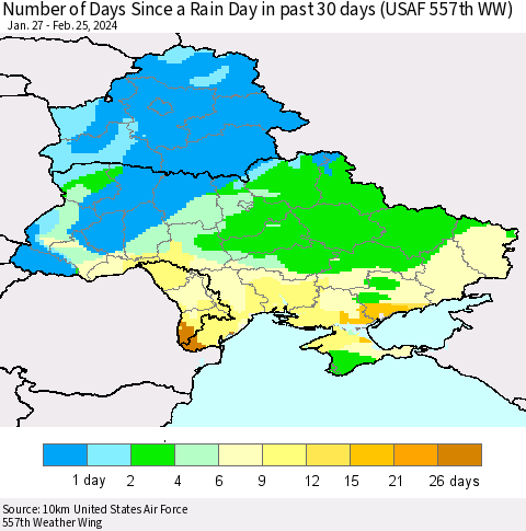 Ukraine, Moldova and Belarus Number of Days Since a Rain Day in past 30 days (USAF 557th WW) Thematic Map For 2/21/2024 - 2/25/2024