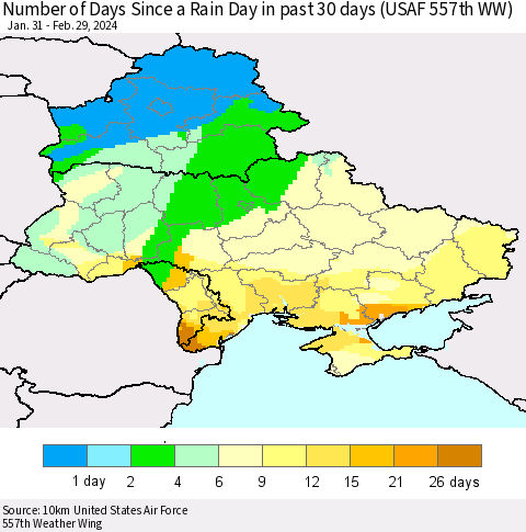 Ukraine, Moldova and Belarus Number of Days Since a Rain Day in past 30 days (USAF 557th WW) Thematic Map For 2/26/2024 - 2/29/2024