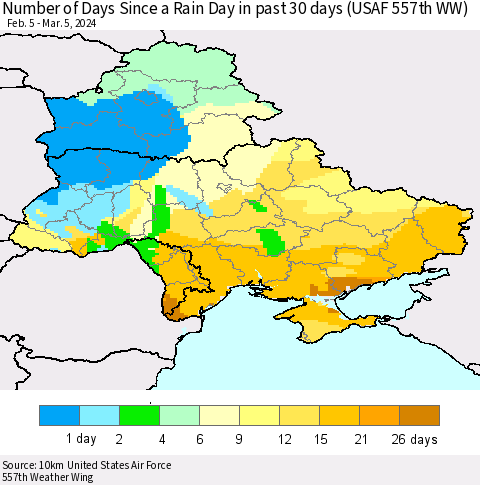 Ukraine, Moldova and Belarus Number of Days Since a Rain Day in past 30 days (USAF 557th WW) Thematic Map For 3/1/2024 - 3/5/2024