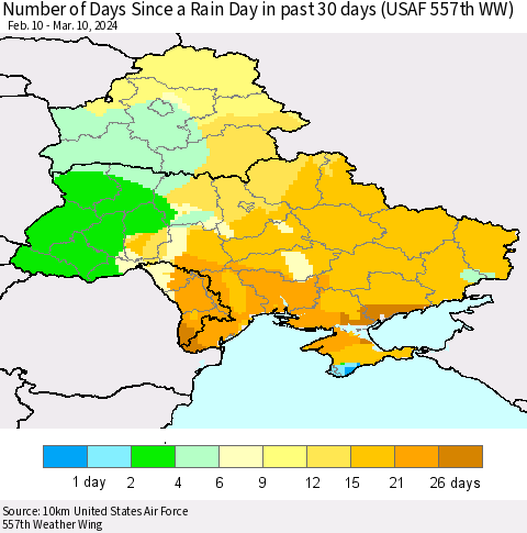 Ukraine, Moldova and Belarus Number of Days Since a Rain Day in past 30 days (USAF 557th WW) Thematic Map For 3/6/2024 - 3/10/2024