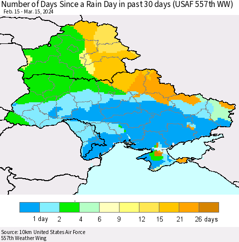Ukraine, Moldova and Belarus Number of Days Since a Rain Day in past 30 days (USAF 557th WW) Thematic Map For 3/11/2024 - 3/15/2024